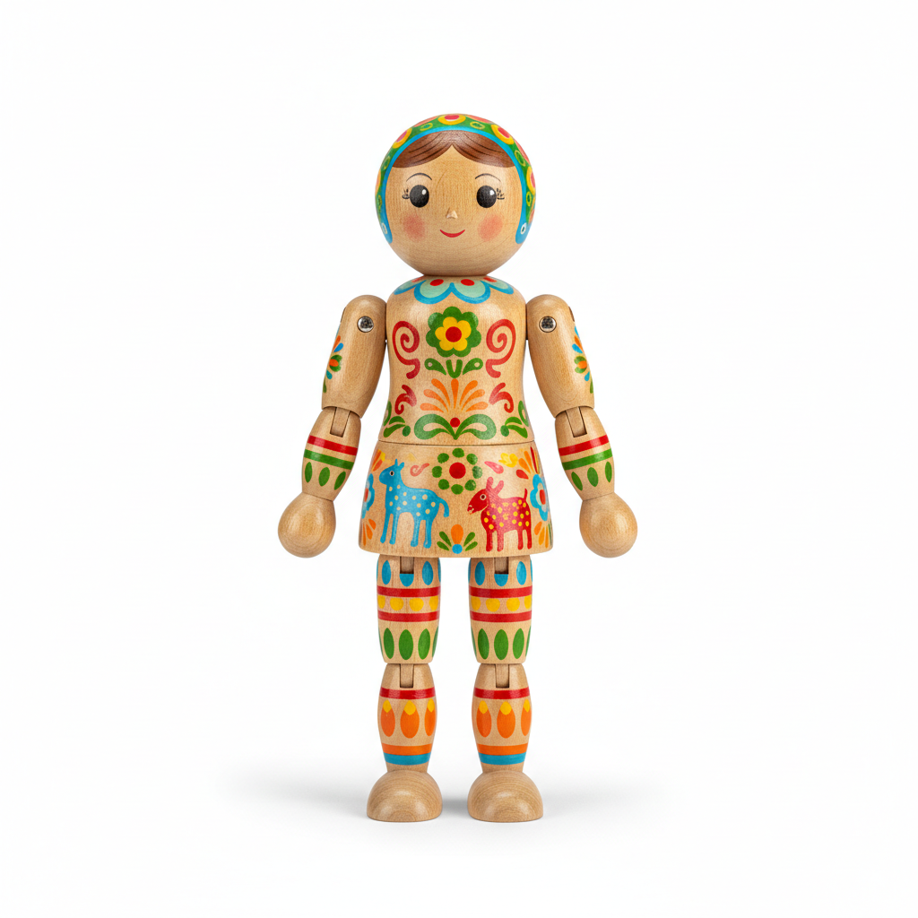 Wooden Articulated Doll with colorful folk art patterns